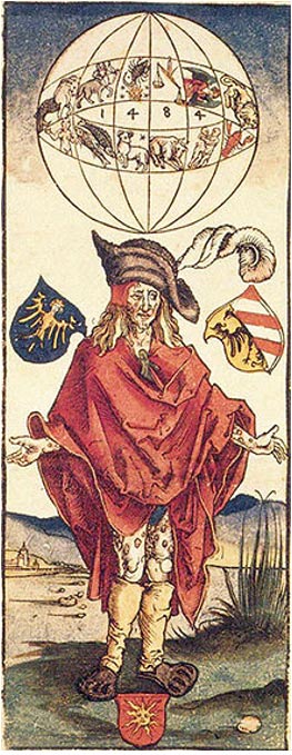 A medical illustration attributed to Albrecht Dürer (1496) depicting a person with syphilis. Here, the disease is believed to have astrological causes. 