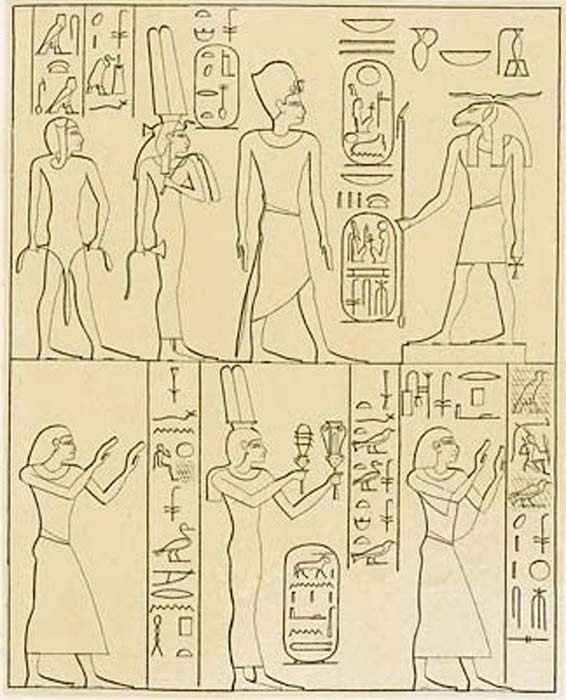 Aswan Rock stela with Three Sons; Upper Register: King, Isetnofret and Khaemwaset before Khnum. Lower register: Princes Ramesses, Merneptah and Princess Queen Bint-Anath. 