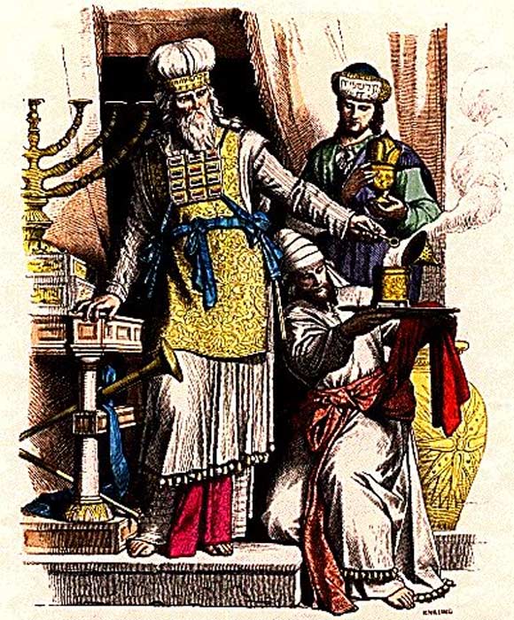 Jewish high priest wearing a hoshen, and Levites in ancient Judah.