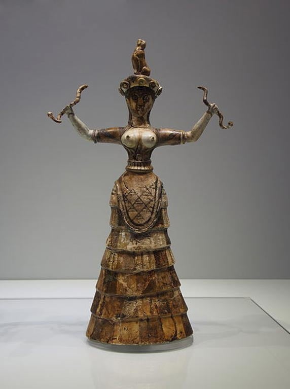 Minoan snake goddess or priestess wearing an apodesmos. It has been suggested the reasoning for an apodesmos was to enhance the breasts (and therefore fertility).