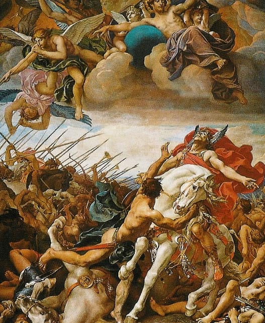 La batalla de Tolbiac, pintado por José Blanc en el siglo 19, representa la guerra entre los francos y Alamannis.