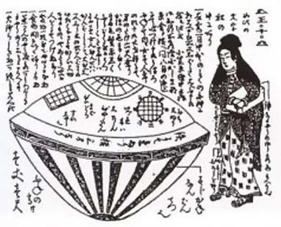 Woodblock print of the UFO that emerged from the ocean by Nagahashi Matajiro.