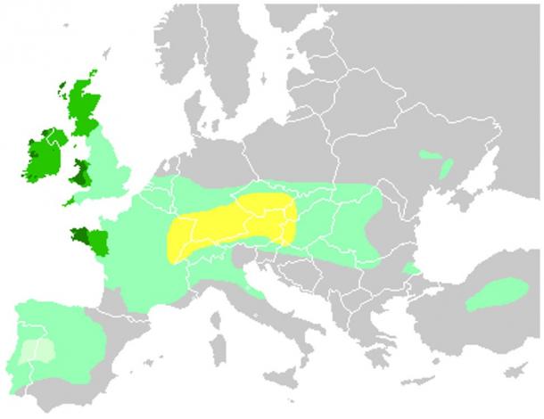 The Celts in Europe: Yellow area is the Hallstatt territory by 6th century BC; light green is maximum Celtic expansion by 275 BC; dark green shows areas where Celtic languages are still spoken