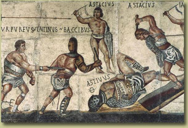 Gladiators wearing different styles of subligaculum engaging in battle.