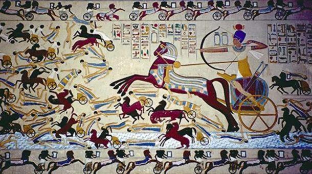 Hyksos chariot painting. Egyptians found a way around the difficulty of staying on a horse by using chariots. 