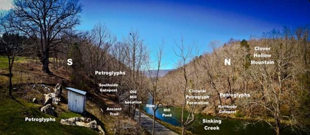 Layout of the petroglyphs at Gateposts, and an ancient trail along Sinking Creek.