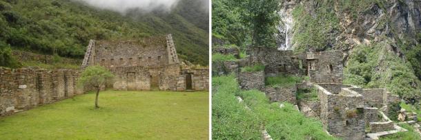 Izquierda: la plaza principal en Choquequirao.  Derecha: Restos de casas incas en Choquequirao