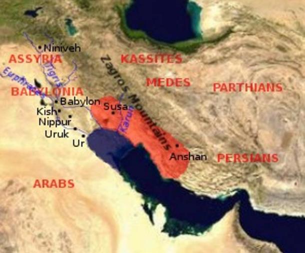 Mostrando la extensión del Imperio elamita (actual Irán) en rojo Mapa.  Heft Tappeh se encuentra a 15 km al sur de Susa.  La antigua ciudad negoció con sus vecinos, especialmente Babilonia.