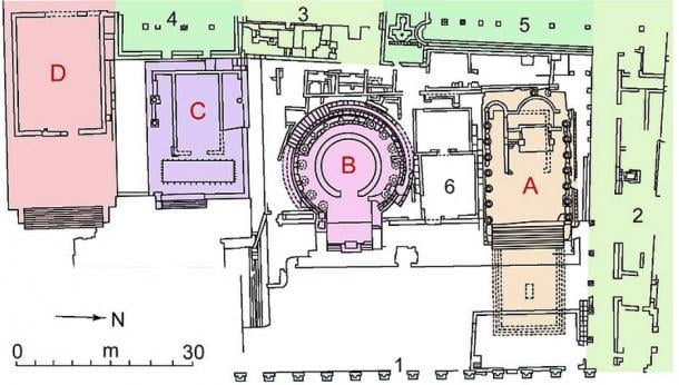 Mapa de la zona sagrada de Largo Argentina, en Roma.  En rojo los cuatro templos A, B, C, D.