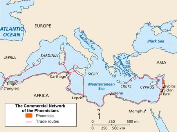 Map of Phoenicia and its Mediterranean trade routes.