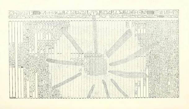 El "Shabaka Piedra", con una inscripción delineando el mito de la creación centrada en el dios Ptah;  alrededor del año 710 aC, Museo Británico EA 498. copia epigráfica por James H. Breasted