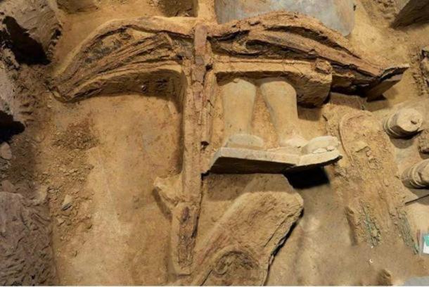 The most complete ancient crossbow to date was discovered in the terracotta army pit one in Xi’an, Shaanxi province. Credit: Chinanews.com