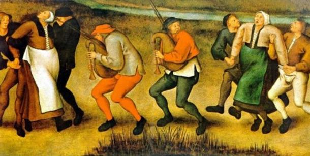 A depiction of dancing mania, which occurred on a pilgrimage to the church at Molenbeek, Belgium, by Pieter Brueghel the Younger (1564–1638). 