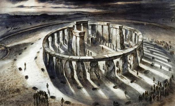 Dibujo Reconstrucción de Stonehenge como podría haber aparecido en 1000BC por Alan Sorrell