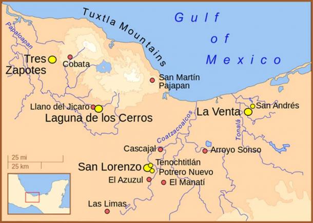 A map of the Olmec heartland. The yellow sites are known Olmec villages and towns. The smaller red dots mark locations where artifacts or art have been found unassociated with habitation.