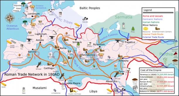 A political map of Europe in 180 AD showing various Roman trade routes and important trade goods such as salt. 