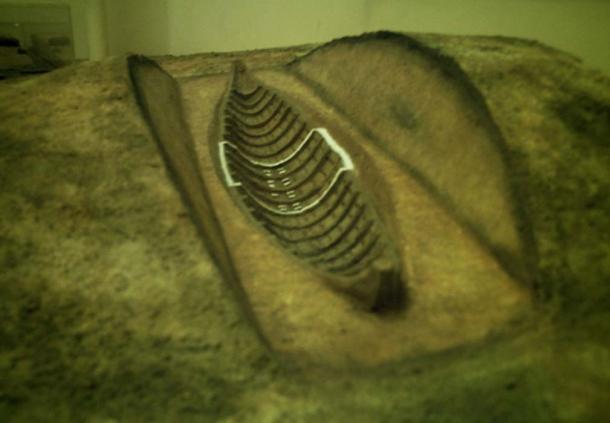 Model of the ship's structure as it might have appeared, with chamber area outlined.