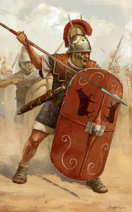 A Roman legionary with a pilum and scutum. (Triarii/Deviant Art)