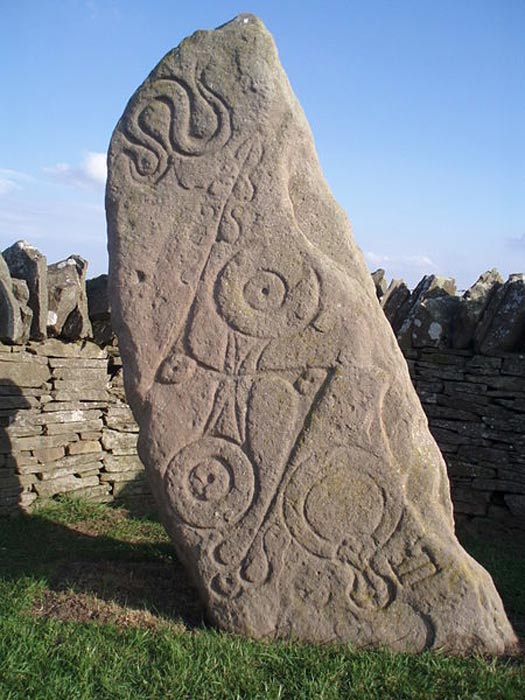 The Aberlemno Serpent Stone, Class I Pictish stone with Pictish symbols, showing (top to bottom) the serpent, the double disc and Z-rod and the mirror and comb.