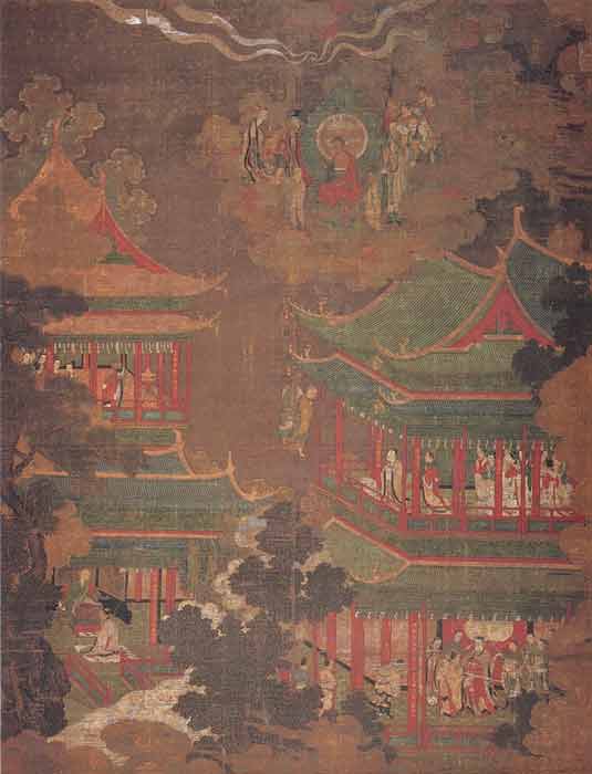 O pictură din sutra Amitayurdhyana care arată un palat care exemplifică arhitectura dinastiei Goryeo.  (Artist Goryeo-Dynasty / Domeniu public)