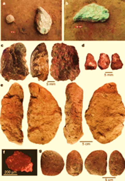 Artifacts found lying on the red-ochre-stained sediment patch in the ochre workshop in north China. (Andreu Ollé / Wang et al / Nature)