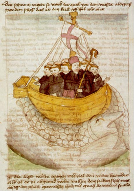 Brendan and his monks' ship is carried by a giant fish in a German manuscript.