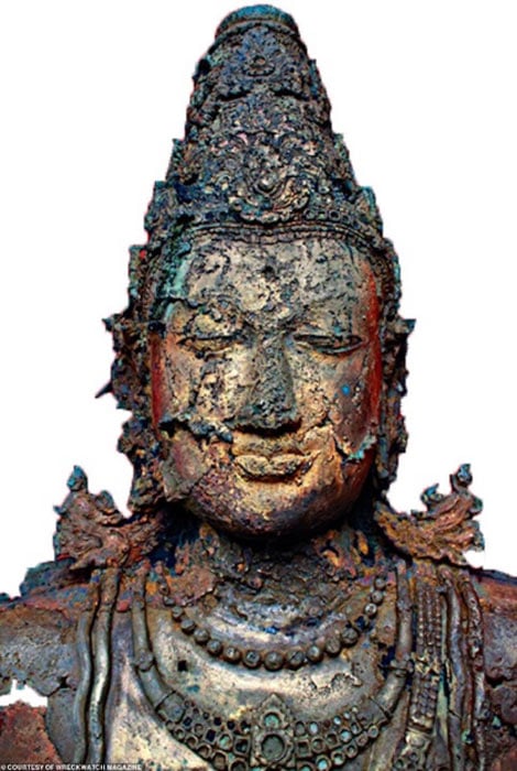 Life-size bronze Buddhist statue, studded with precious gems, which was hauled up by fishermen in the Musi River. Could this priceless artifact lead archaeologists to the long-lost Island of Gold? (Wreckwatch Magazine)