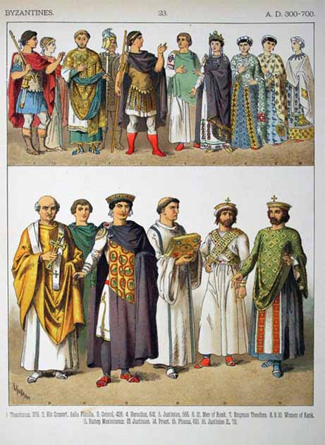 Byzantine clothing from circa 300 to 700 AD in Costumes of All Nations (1882). (Public domain)