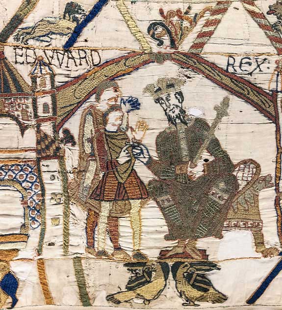 St. Edward’s Crown was named after legendary Anglo-Saxon king Edward the Confessor, who wore the first version of the headpiece during his 1042-1066 AD reign. King Edward the Confessor wearing a crown in the first scene of the Bayeux Tapestry. (Bayeux Tapestry Museum / Public domain)