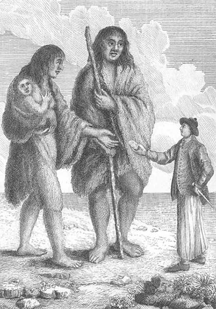 English sailor offering bread to a female Patagonian giant from the first Italian edition of John Byron’s ‘A Voyage Round the World in His Majesty’s Ship the Dolphin.’ (London, 1767). (Princeton)