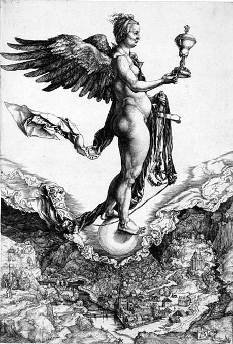 ngraving of Nemesis or Good Fortune. (1502) By Albrecht Dürer.