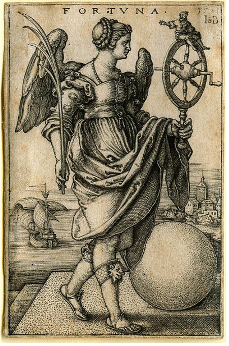 Engraving of Tyche as ‘Fortuna’ with the Wheel of Fate and other symbols.