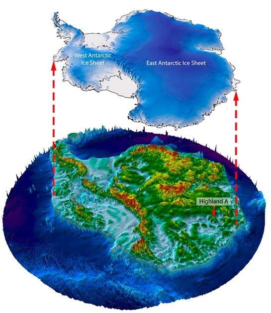 Graphic shows how the landscape of Antarctica would appear if the ice were lifted away. (Stewart Jamieson, Durham University/Nature)