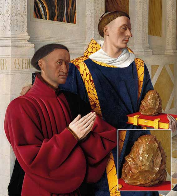 Jean Fouquet's Étienne Chevalier with Saint Stephen, left panel of the Melun Diptych, painted c. 1455. Étienne Chevalier is in red, while Saint Stephen, in blue, accompanies him. The handaxe-like object (inset) rests upon a book and serves to identify Saint Stephen, who was stoned to death. (Yorck Project/Public Domain)