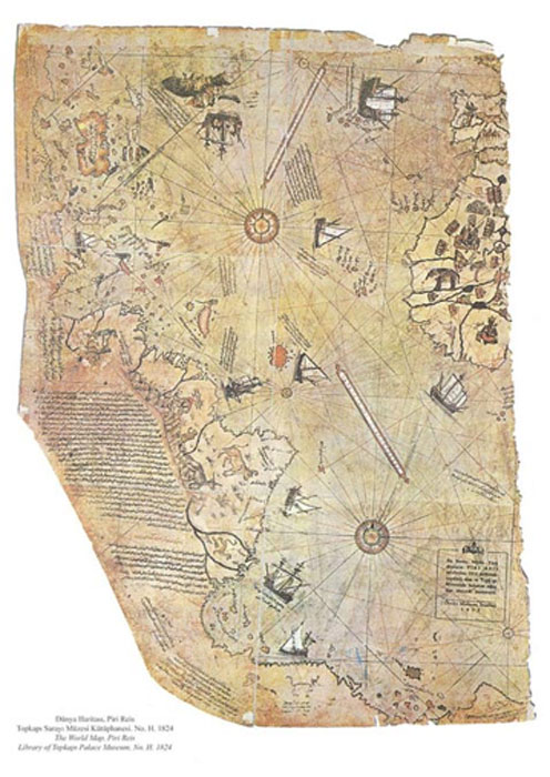 Map of the world by Ottoman admiral Piri Reis, drawn in 1513 but allegedly based on much older maps. (Public Domain)