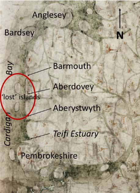 Detail of the Gough Map showing Wales and the two “lost” islands of Cardigan Bay in the bottom-center of the image. (Image reproduced with permission of the Bodleian Library, Oxford: Oxford, Bodleian Library MS. Gough Gen. Top. 16 by Haslett, S. K., & Willis, D. / Atlantic Geoscience )