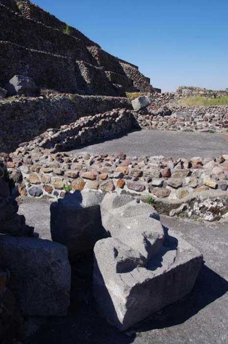 Megalithic stone blocks scattered in the vicinity of the pyramid of the Feathered Serpents at Teotihuacan