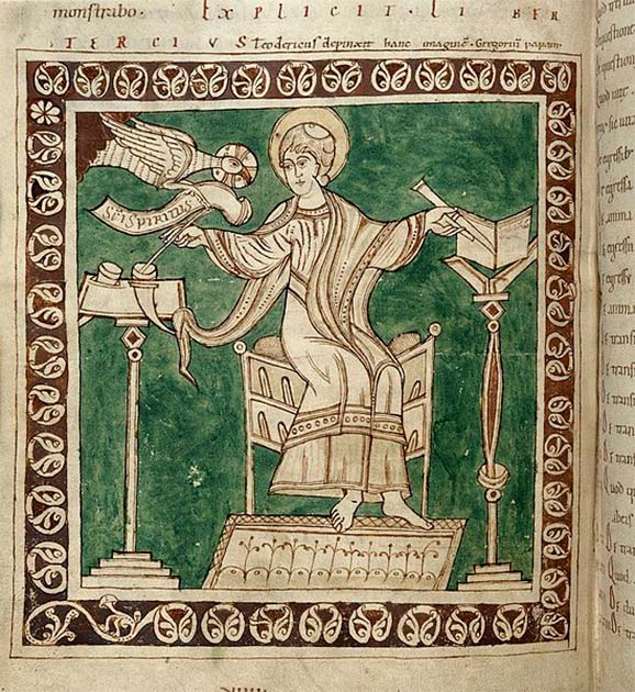 Miniature of Gregory the Great writing, from a 12th-century copy of his Dialogues (British Library/CC0)