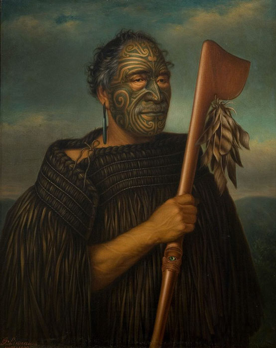 Painting of the Maori chief Tamati Waka Nene, by Gottfried Lindauer, with tattoos on his face, a Maori tradition of body modification. (Public domain)