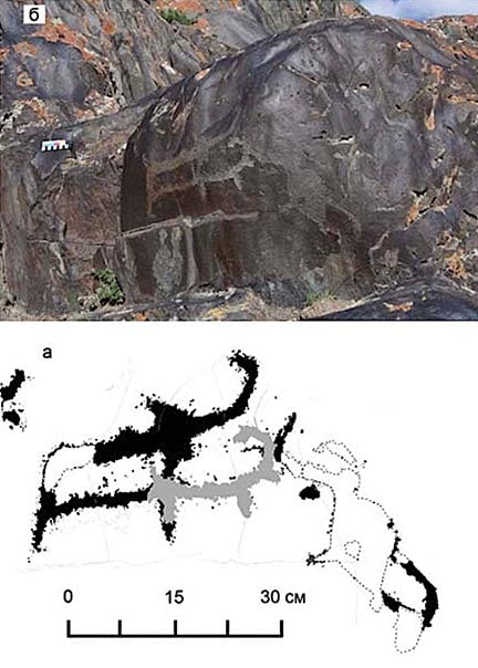 The Paleolithic rock art of two mammoths discovered at Baga-Oygur II in early 2000s. (Dmitry Cheremisin et al. / Siberian Times)