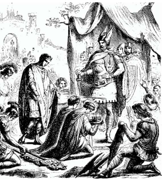 Romulus Augustus resigns the Crown before Odoacer. (Public Domain)