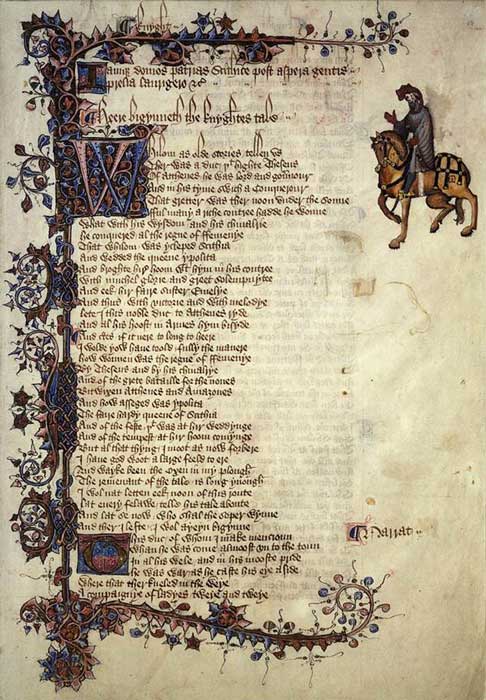 Scan of the Canterbury Tales Ellesmere manuscript from the 14th century AD show the first page of the Knight's Tale, written in an English few can understand today. (Geoffrey Chaucer / Public domain)