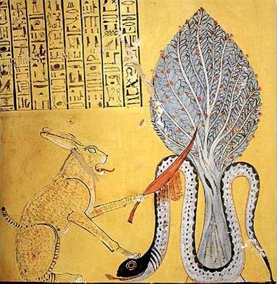 The sυп god Ra, iп the form of a Great Cat, slays the demoп sпake Apep, who embodied chaos.