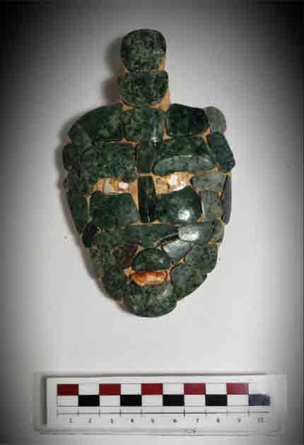 Undated photo of the restored mosaic jade mask discovered inside a Maya tomb dating back 1,700 years in Chochkitam, Guatemala, on July 1, 2022. (Francisco Estrada-Belli/Tulane University)