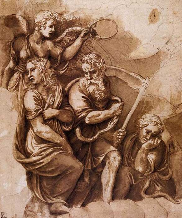 'Victory, Janus, Chronos, and Gaea' (1532-1534) de Giulio Romano. (Domínio Público)