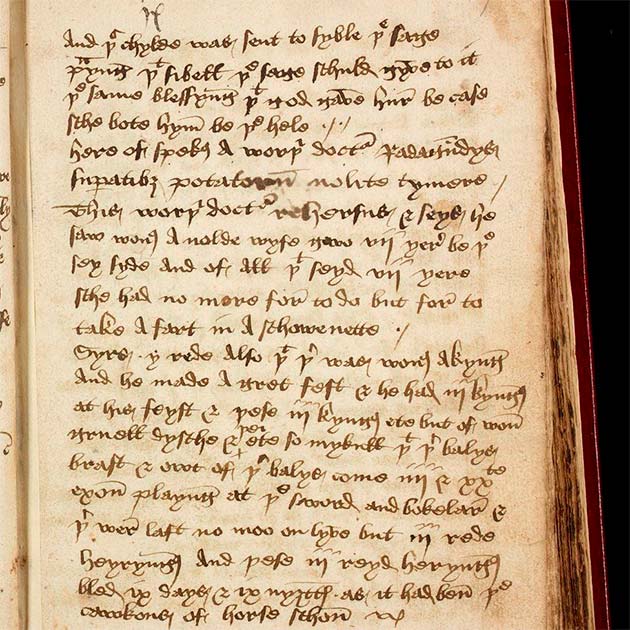 The earliest recorded use of the term 'red herring' in English, is found in the Heege manuscript (bottom line three and four) (National Library of Scotland)