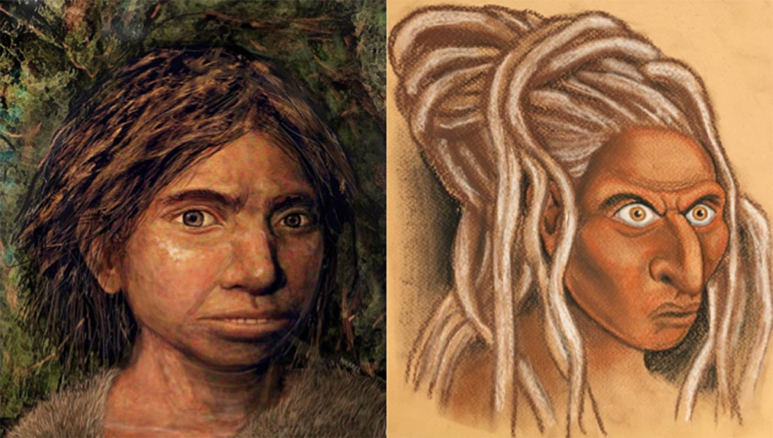 The reconstructed face of a Siberian Denisovan (right) alongside the Hebrew University’s own representation of a Sunda Denisovan (left).            Source: Left © Hernandez/Cartwright/Collins; b) © Maayan-Harel)