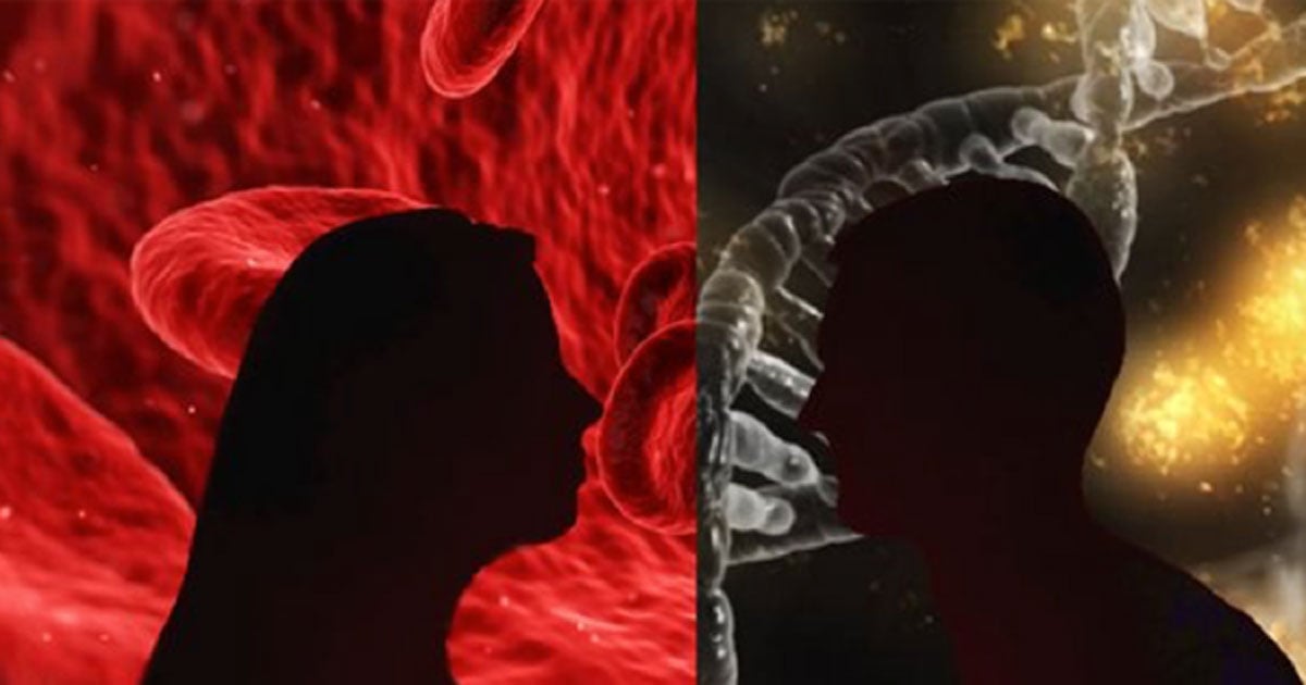 Silhouettes (Public Domain) in front of blood cells (Public Domain) and a gene. 