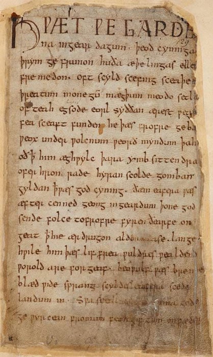 The first folio of the heroic epic poem Beowulf, written primarily in the West Saxon dialect of the Old English language by an anonymous early English poet. (Public domain)