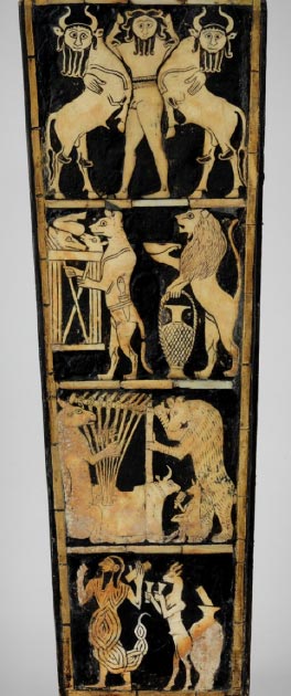 All the front images from the Bull Headed Lyre found in the Royal Tombs of Ur. (Penn Museum)